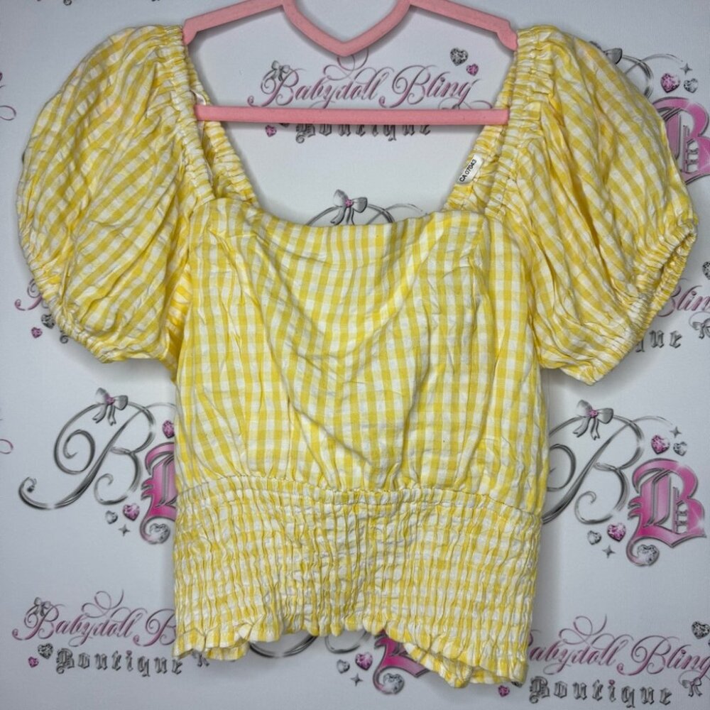 Sim & Sam top milkmaid gingham picnic yellow white tie up corset back stretchy